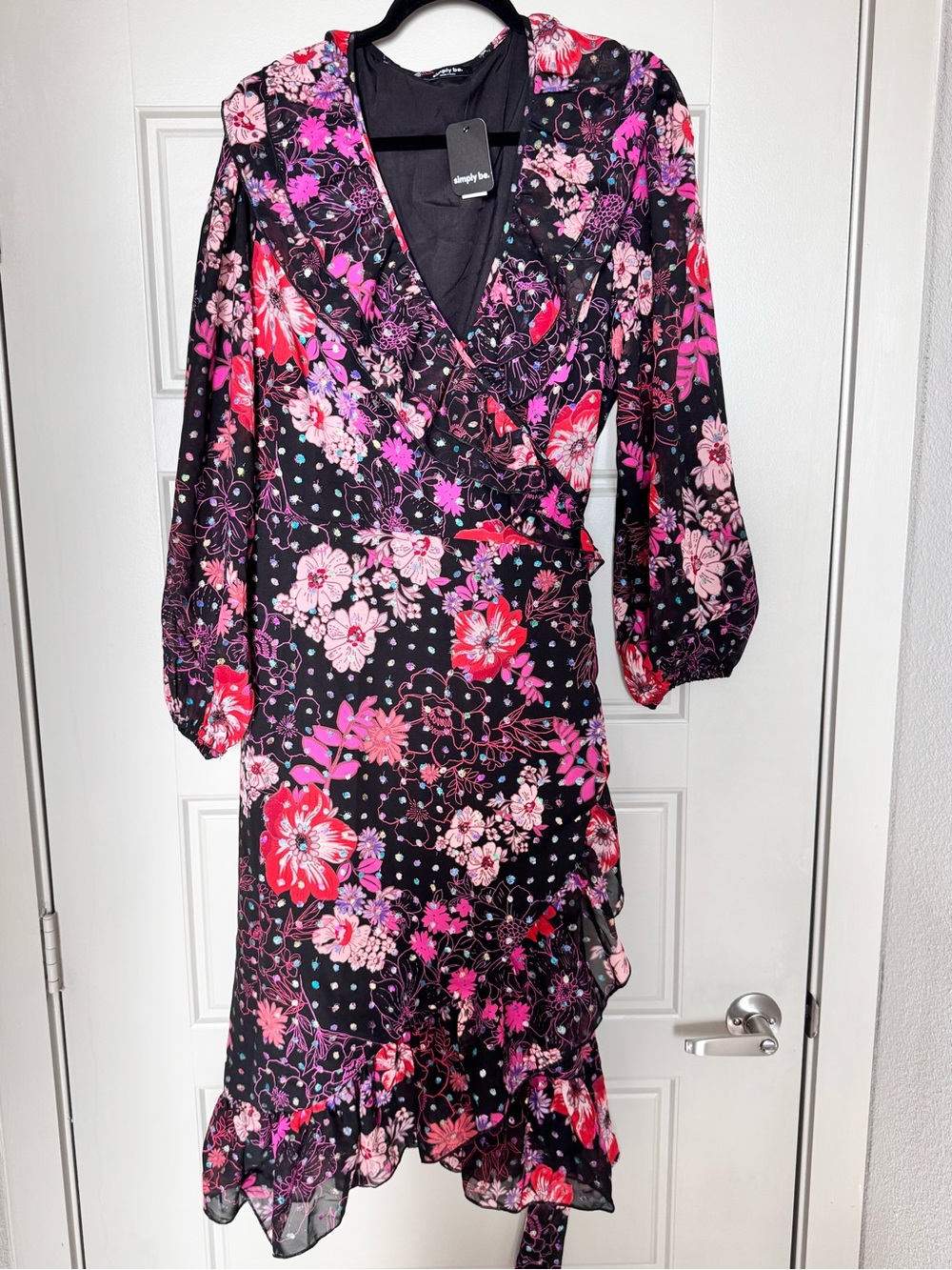 Simply Be Black Floral Wrap Midi Dress with Pink & Red Blooms